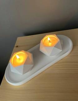 Geometrik Tealight Beton Mumluk, Oval Tabaklı Dekoratif Hediyelik Set Ham Beyaz